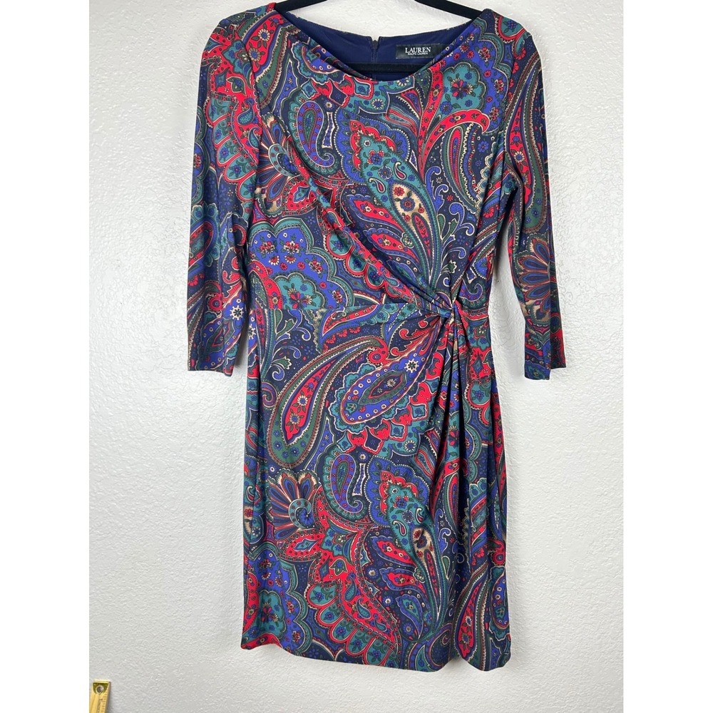 Lauren Ralph Lauren Paisley Faux Wrap Dress Navy Red 3/4 Sleeve Size 4 Career